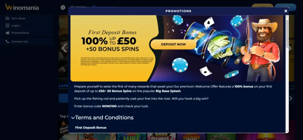 Current Winomania welcome offer and visible promotional terms