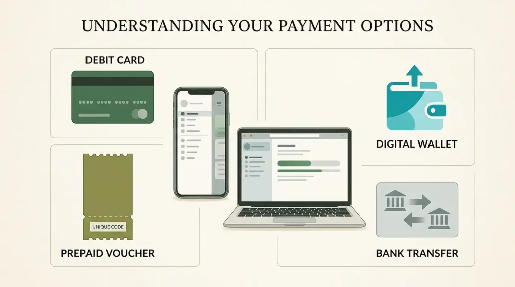 Editorial comparison of debit card, e-wallet, bank transfer and mobile wallet deposit routes