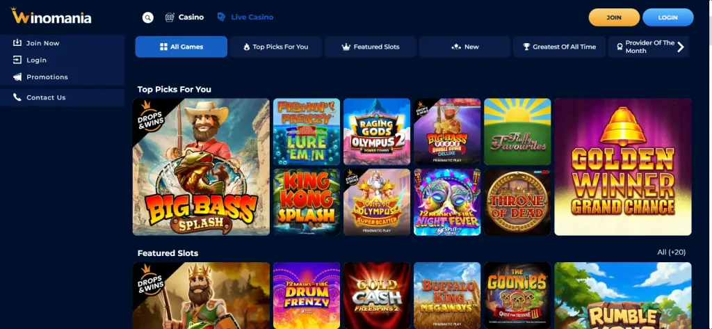 Current Winomania games lobby with category navigation and game tiles