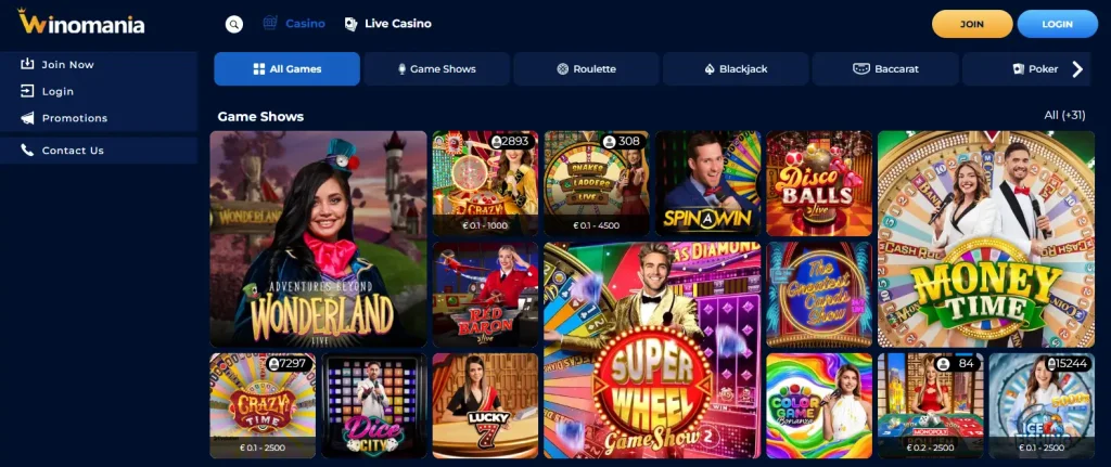 Current Winomania live casino lobby and live dealer categories